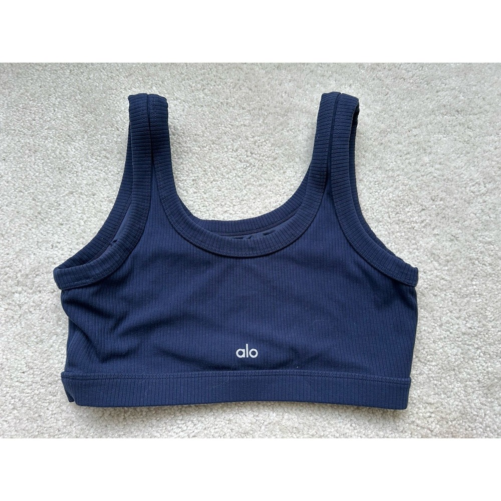 Alo Yoga Wellness Bra Navy Blue Ribbed Scoop Neck Sports Bra Size L